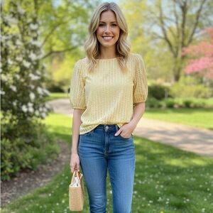 Loft Yellow Eyelet Puff Sleeve Top, Size Large